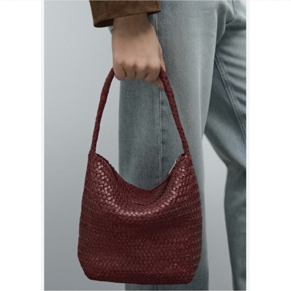 Massimo Dutti Woven Leather Shoulder Bag in Deep Burgundy
